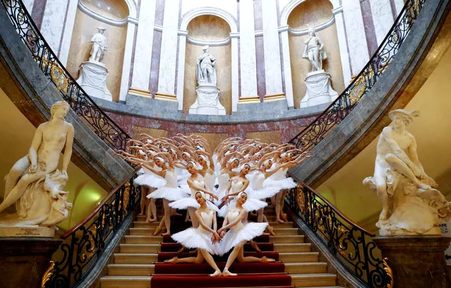 Shanghai Ballet perform Swan Lake, as “Greatest Swan Lake in the World” instead of 16 swans, this production brings 48 swans on stage inside Bode Museum to promote the ballet show's premiere in Berlin on November 29, 2018. (Photo by Fabrizio Bensch/Reuters)