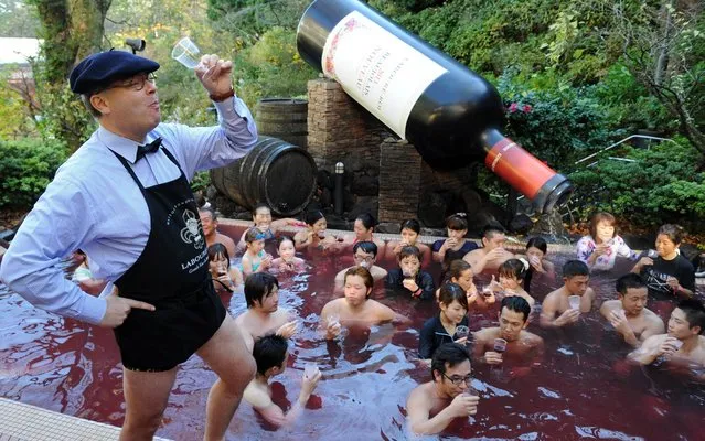 Bourgogne wine maker Laboure-Roi vice president Thibault Garin (L) toasts the company's 2013 Beaujolais Nouveau wine with guests in the wine spa at the Hakone Yunessun spa resort facilities in Hakone town, Kanagawa prefecture, some 100-kilometre west of Tokyo on November 21, 2013. As the new vintage Beaujolais Nouveau is officially uncorked, Hakone Yunessun started the annual 10-day-long Beaujolais Nouveau spa event with a guest of the wine maker's executive. (Photo by Toshifumi Kitamura/AFP Photo)