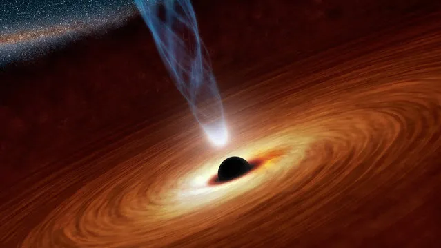 An artist's illustration shows a supermassive black hole with millions to billions times the mass of our sun at the center, surrounded by matter flowing onto the black hole in what is termed an accretion disk in this NASA illustration released on February 27, 2013. Supermassive black holes are enormously dense objects buried at the hearts of galaxies. This disk forms as the dust and gas in the galaxy falls onto the hole, attracted by its gravity. (Photo by Reuters/NASA/JPL-Caltech)