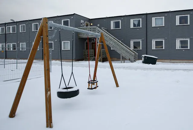 In this photo taken Thursday, February 4, 2016, showing a view of the children's play area of the refugee camp in Hammerfest, northern Norway. (Photo by Alastair Grant/AP Photo)