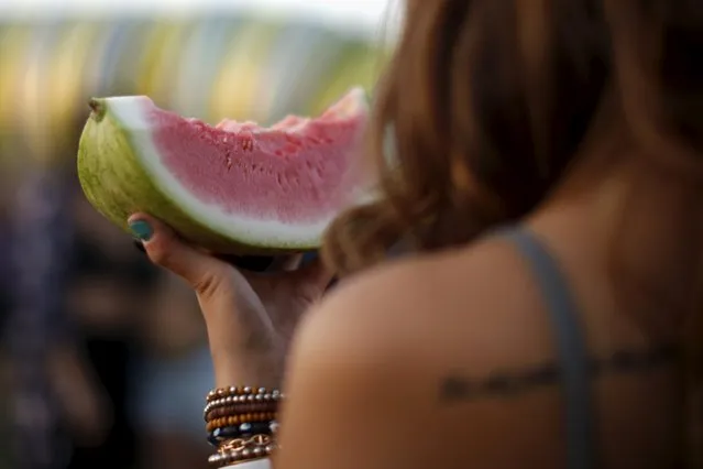 A woman eats watermelon at the Coachella Valley Music and Arts Festival in Indio, California April 11, 2015. (Photo by Lucy Nicholson/Reuters)