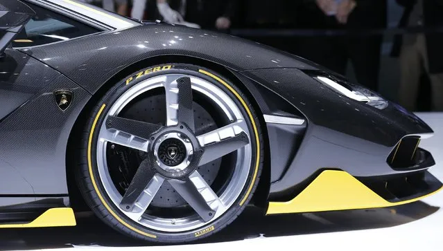 The front of the new Lamborghini Centenario car is pictured at the 86th International Motor Show in Geneva, Switzerland, March 1, 2016. (Photo by Denis Balibouse/Reuters)