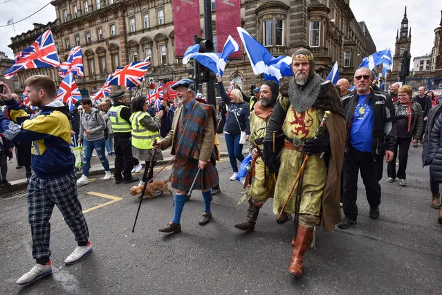 Thousands of independence supporters march during The All Under One Banner event on May 4, 2019 in Glasgow, Scotland. The march is one of a series of events taking place across Scotland between May and October, it comes just a week after SNP leader and First Minister Nicola Sturgeon laid out plans to hold another independence referendum before May 2021. (Photo by Jeff J. Mitchell/Getty Images)