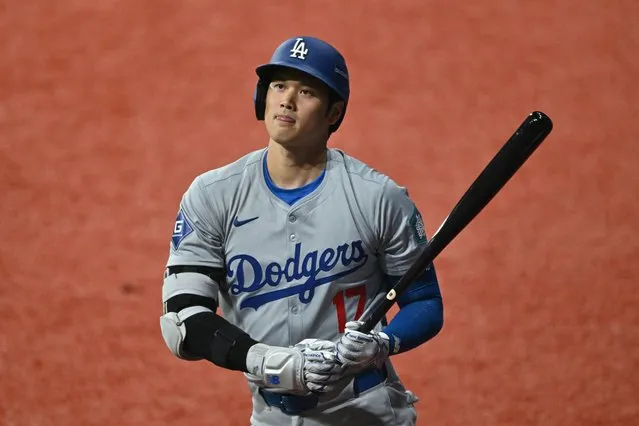 Los Angeles Dodgers' Shohei Ohtani reacts during the first inning of the 2024 MLB Seoul Series baseball game between Los Angeles Dodgers and San Diego Padres at the Gocheok Sky Dome in Seoul on March 20, 2024. (Photo by Jung Yeon-je/AFP Photo)