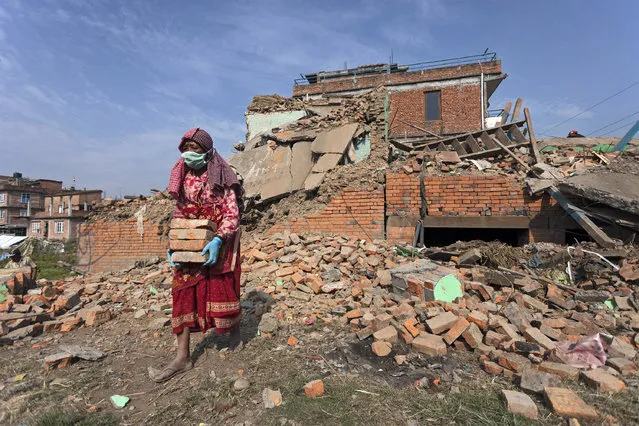 A woman collecting bricks from her collapsed house after the massive earthquake in Harisiddi village on the outskirts of Lalitpur, Nepal, May 16, 2015. (Photo by Hemanta Shrestha/EPA)