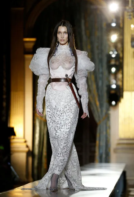 US model Bella Hadid model walks the runway during the Vivienne Westwood show as part of the Paris Fashion Week Womenswear Fall/Winter 2020/2021 on February 29, 2020 in Paris, France. (Photo by Thierry Chesnot/Getty Images)