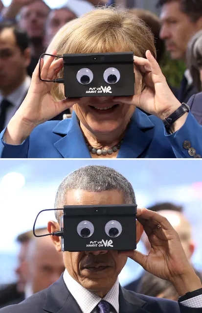 The combo shows U.S. President Barack Obama, bottom, and German Chancellor Angela Merkel as they test VR goggles when touring the Hannover Messe,  the world's largest industrial technology trade fair, in Hannover, northern Germany, Monday, April 25, 2016. Obama is on a two-day official visit to Germany. (Photo by Christian Charisius/DPA via AP Photo)