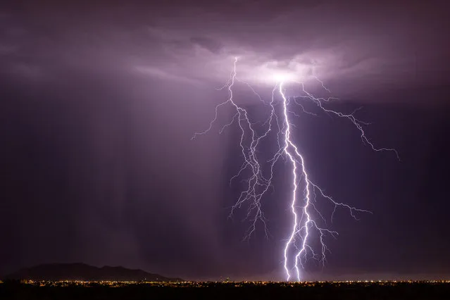 A magnificent capture of lightning strikes with lightning storm eruption just south of Casa Grande in July 2013. (Photo by Mike Olbinski/Barcroft Media)