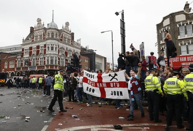 Britain Soccer Football, West Ham United vs Manchester United, Barclays Premier League, Old Trafford on May 10, 2016. West Ham fans outside the stadium before the match. (Photo by Eddie Keogh/Reuters/Livepic)
