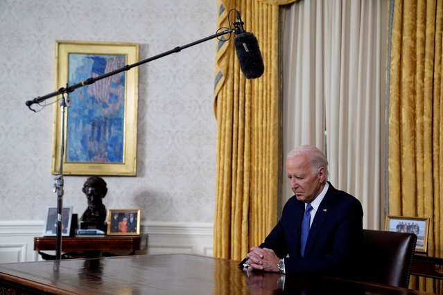 U.S. President Joe Biden pauses before he addresses the nation from the Oval Office of the White House about his decision to drop his Democratic presidential reelection bid on July 25, 2024. (Photo by Evan Vucci/Reuters)