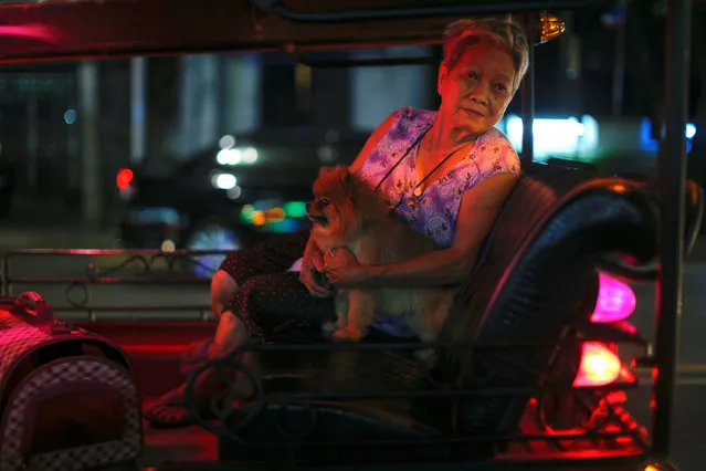 A woman with a dog ride a Tuk Tuk in Bangkok, Thailand August 17, 2016. (Photo by Jorge Silva/Reuters)