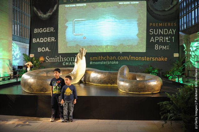 Attendees view a replica of the prehistoric Titanoboa, the largest snake to ever live, on display at Grand Central Terminal in New York City