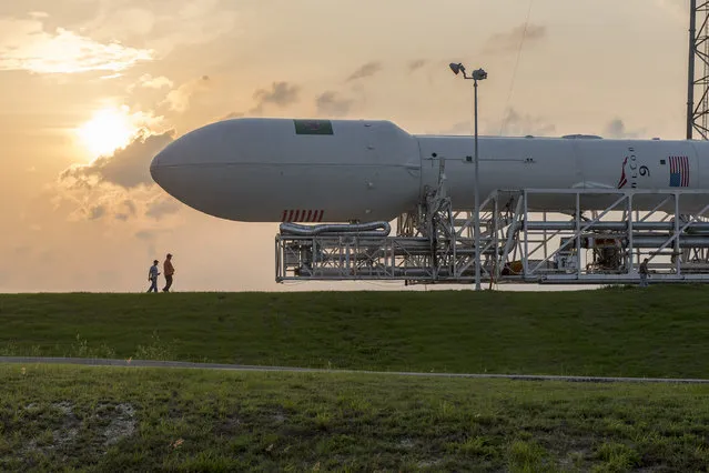 In this handout provided by the National Aeronautics and Space Administration (NASA), SpaceX's Falcon 9 is moved to the launch pad prior to the rocket's Thales Alenia Space launch attempt on April 26, 2015 in Cape Canaveral, Florida. (Photo by NASA via Getty Images)