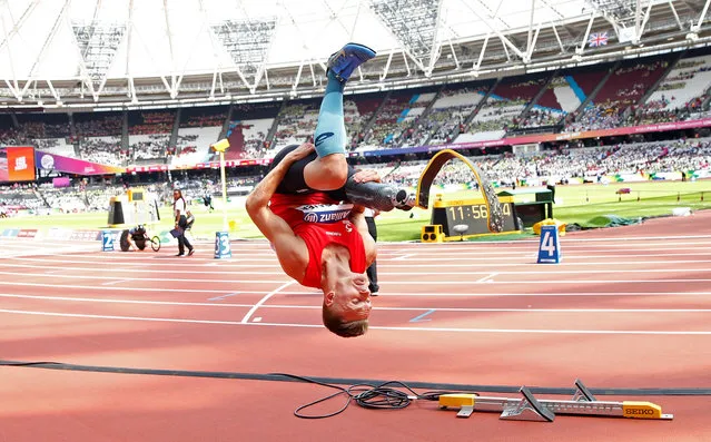 Denmark’s Daniel Wagner celebrates winning the men’s T42 long jump at the IAAF World Para Athletics Championships in London, England on July 17, 2017. (Photo by Peter Cziborra/Action Images via Reuters)