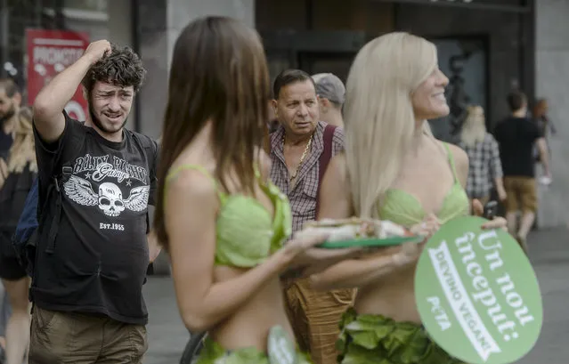 A man grimaces walking by the “Lettuce Ladies”, a group of PETA activists, during an event promoting a vegan lifestyle, downtown Bucharest, Romania, Monday, August 14, 2017. Two PETA vegan ambassadors distributed vegan food to passers by in the Romanian capital, the latest stop in a tour including the United States, Russia and Turkey aimed at promoting a vegan lifestyle. The sign reads in Romanian “start fresh: become vegan”. (Photo by Andreea Alexandru/AP Photo)
