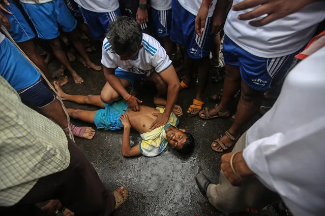 An Indian devotee lays unconscious after falling from a human pyramid on occasion of the Janmashtami Festival in Mumbai, India, 18 August 2014. (Photo by Divyakant Solanki/EPA)