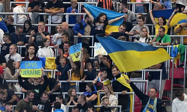Ukrainian supporters cheer during the UEFA Champions League group F soccer match between RB Leipzig and Shakhtar Donetsk in Leipzig, Germany, 06 September 2022. (Photo by Filip Singer/EPA/EFE)