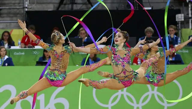 2016 Rio Olympics, Rhythmic Gymnastics, Final, Group All-Around Final, Rotation 1, Rio Olympic Arena, Rio de Janeiro, Brazil on August 21, 2016. Team Russia (RUS) compete using ribbons. (Photo by David Gray/Reuters)