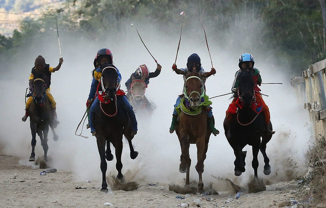 Indonesian child jockeys ride horses during a traditional horse race marking Indonesia's 70th independence anniversary, in Bima, West Nusa Tenggara province, Indonesia, 09 August 2015. (Photo by Mast Irham/EPA)