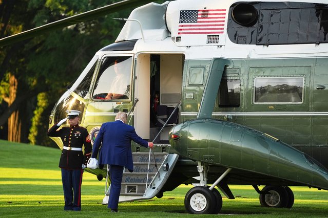 President Donald Trump boards Marine One on the South Lawn of the White House, Tuesday, June 24, 2025, on his way to The Hague, to join world leaders gathering in the Netherlands for a two-day NATO summit. (Photo by Evan Vucci/AP Photo)