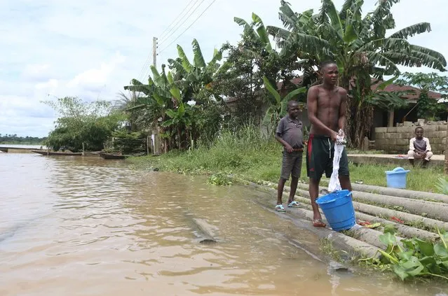 A boy stands on abandoned oil pipes as he washes clothes in a bucket in Yeneka village on the outskirts of the Bayelsa state capital, Yenagoa, in Nigeria's delta region October 8, 2015. (Photo by Akintunde Akinleye/Reuters)