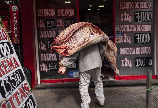 A seller delivers a beef carcass to a butcher shop in Buenos Aires, Argentina, April 10, 2024. President Javier Milei's plan to slash spending has encountered resistance in a nation where annual inflation tops 276%. (Photo by Rodrigo Abd/AP Photo)