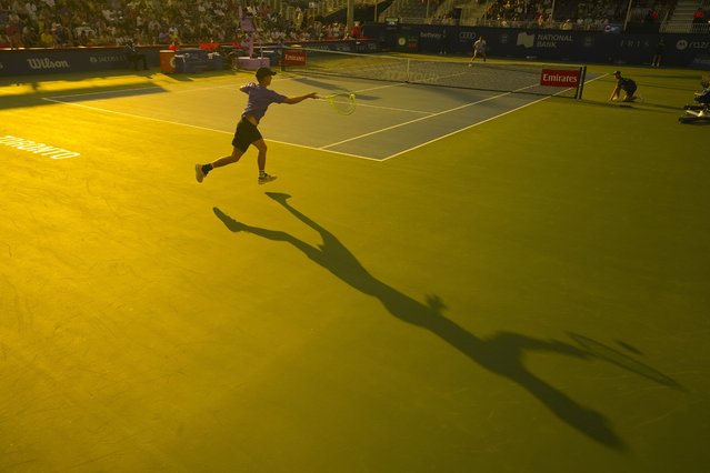 Dalibor Svrcina hits a return to Daniil Medvedev during second round tennis action at the National Bank Open in Toronto on Tuesday, July 29, 2025. (Photo by Chris Young/The Canadian Press via AP Photo)