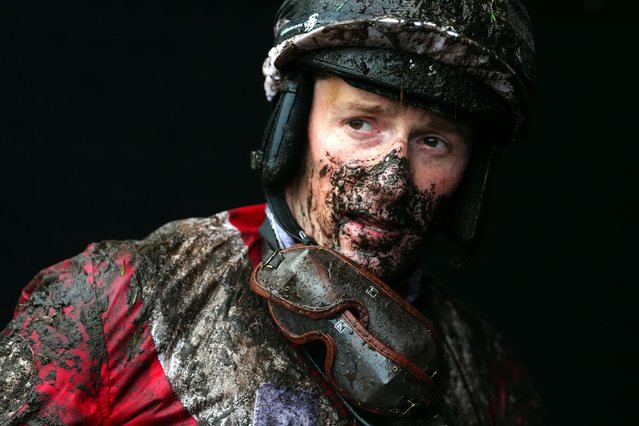 Close up of jockey Sam Twiston-Davies with mud covering their face and body after the Oddschecker Handicap Hurdle at Exeter racecourse, UK on Friday, November 7, 2025. (Photo by David Davies/PA Images via Getty Images)