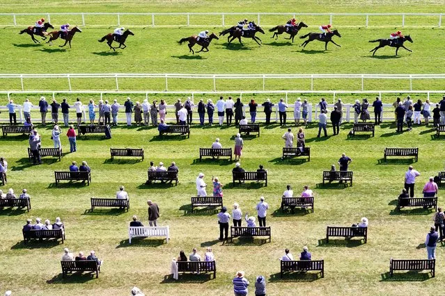 Son ridden by jockey Pat Dobbs (right) wins the Get a Run for Your Money at Betvictor Maiden Stakes as racegoers loook on during the BetVictor Early June Raceday at Newbury Racecourse in Berkshire, Englan on Wednesday, June 7, 2023. (Photo by David Davies/PA Images via Getty Images)
