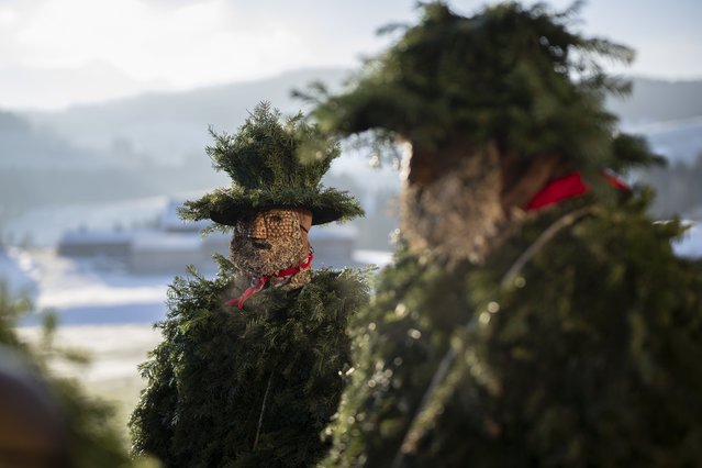 People attired as the “Silvesterchlaeuse” (New Year's Clause) gather in Schwellbrunn, Switzerland, 13 January 2025. This traditional event occurs on 13 January, according to the Julian calendar, when participants pay visits to local farmers to extend their heartfelt wishes for the New Year. (Photo by Gian Ehrenzeller/EPA)
