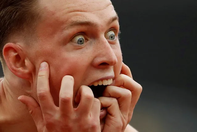 Karsten Warholm of Norway reacts after winning the men' s 400 meters hurdles race at the IAAF Diamond League athletics meeting at London Stadium in London, Saturday, July 21, 2018. (Photo by Andrew Boyers/Action Images via Reuters)