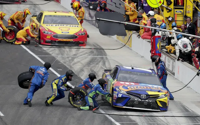 NASCAR Cup Series driver Kyle Busch (18) stops in front of driver Joey Logano (22) for tires and fuel on a pit stop during the NASCAR Brickyard 400 auto race at Indianapolis Motor Speedway, in Indianapolis Monday, September 10, 2018. (Photo by Michael Conroy/AP Photo)