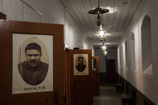 A portrait of a prisoner is seen on a door in the hallway of the hostel in the Prison Castle in city of Tobolsk. The hostel used to be a block of sweat-boxes for prisoners for breach of discipline. The Prison Castle, a strict regime prison in Tobolsk, was built during 1838-1855. Thearchitectural ensemble consisted of several cell blocks, a hospital for prisoners, an administrative building, and other premises. Through it's history, especially during the Soviets, the conditions in the prison were considered stricter than in colony. One of the most famous prisoners of the prison were Mikhail Mikhaylov, Vladimir Korolenko, Nikolay Chernyshevski. (Photo by Alexander Aksakov/Getty Images)