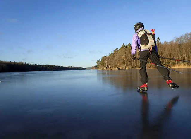 A woman tour skates on the frozen lake of Orlangen, south of Stockholm, Sweden, on December 23, 2016. Tour skating is recreational long distance ice skating on natural ice particularly popular in the Nordic countries. (Photo by Tobias Roestlund/AFP Photo/TT News Agency)