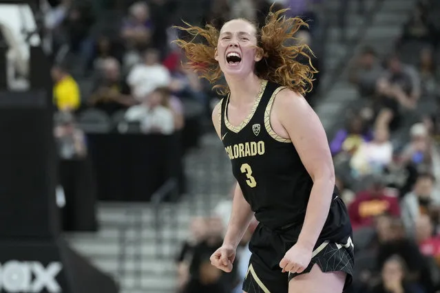 Colorado guard Frida Formann (3) celebrates after sinking a 3-point shot against LSU during the second half of an NCAA college basketball game Monday, November 6, 2023, in Las Vegas. (Photo by John Locher/AP Photo)
