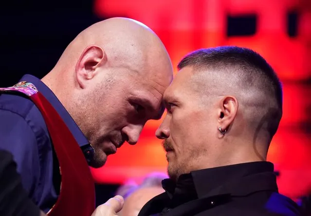 Tyson Fury (left) and Oleksandr Usyk during a press conference at Outernet London on Thursday, November 16, 2023. (Photo by Zac Goodwin/PA Wire)