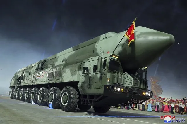 This photo provided by the North Korean government, shows what it says Hwasong-18 intercontinental ballistic missile during a military parade to mark the 70th anniversary of the armistice that halted fighting in the 1950-53 Korean War, on Kim Il Sung Square in Pyongyang, North Korea Thursday, July 27, 2023. (Photo by Korean Central News Agency/Korea News Service via AP Photo)