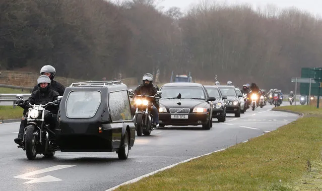 A coffin arrives at Kirkleatham memorial park, England on March 15, 2016, for the funeral of Mick Collings, a keen motorcyclist, who died in the Didcot power station accident. (Photo by Owen Humphreys/PA Wire)