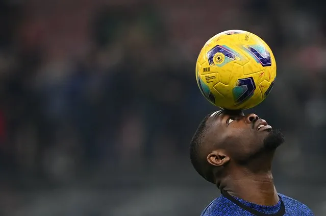 Inter Milan's French forward #9 Marcus Thuram warms up prior to the Italian Serie A football match between Inter Milan and SSC Napoli, at San Siro Stadium, in Milan, on March 17, 2024. (Photo by Isabella Bonotto/AFP Photo)