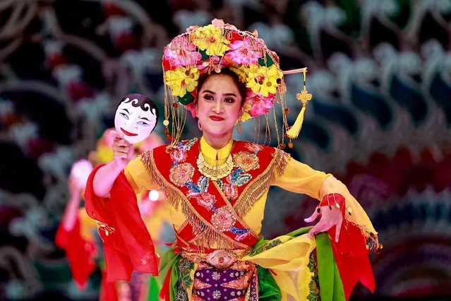 D'Jakfaro dancers perform traditional Betawi dance Topeng Deplon during Indonesia Fashion Week 2024 at Jakarta Convention Center on March 27, 2024 in Jakarta, Indonesia. (Photo by Robertus Pudyanto/Getty Images)