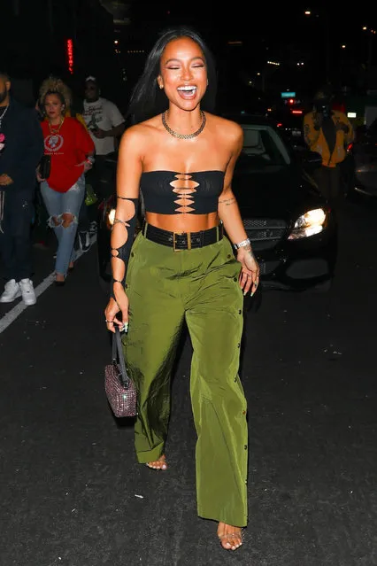 American actress and model Karrueche Tran is all smiles as she exits The Highlight Room while enjoying a night out with friends in Los Angeles, CA. on February 10, 2022. (Photo by The Daily Stardust/Backgrid USA)