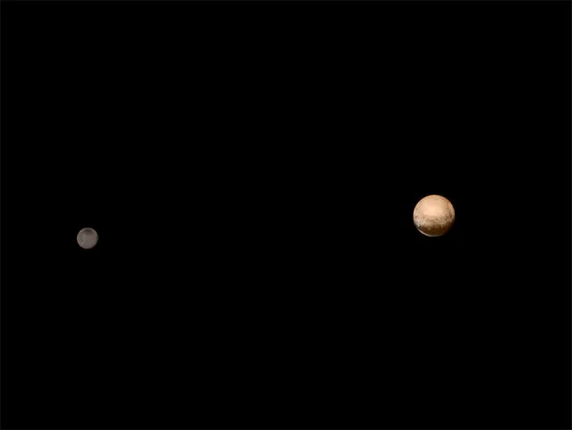 Pluto (R) and its moon Charon are pictured from about 6 million kilometers in this July 8, 2015 NASA handout photo from the New Horizons Long Range Reconnaissance Imager (LORRI). (Photo by Reuters/NASA)