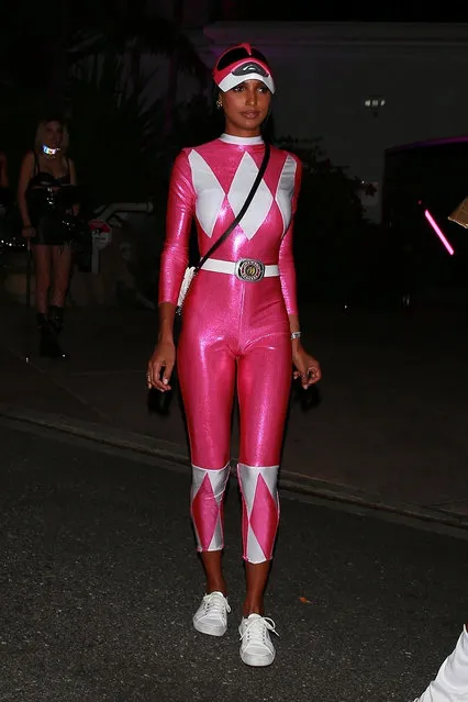 Jasmine Tookes and her boyfriend Juan David Borrero leaving Paris Hilton's Halloween party matching costumes in Beverly Hills, CA. on October 24, 2019. (Photo by Backgrid USA)