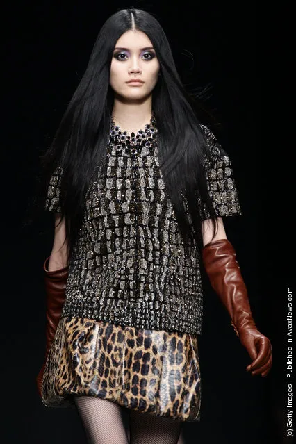 A model walks the runway at the Roberto Cavalli Autumn/Winter 2012/2013 fashion show as part of Milan Womenswear Fashion Week