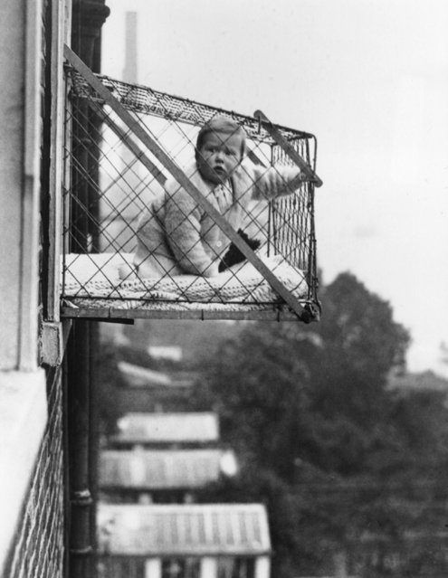 An example of the wire cage which East Poplar borough council in London propose to fix to the outside of their tenement windows, so that babies can benefit from fresh air and sunshine, 27th January 1934. (Photo by Fox Photos/Getty Images)