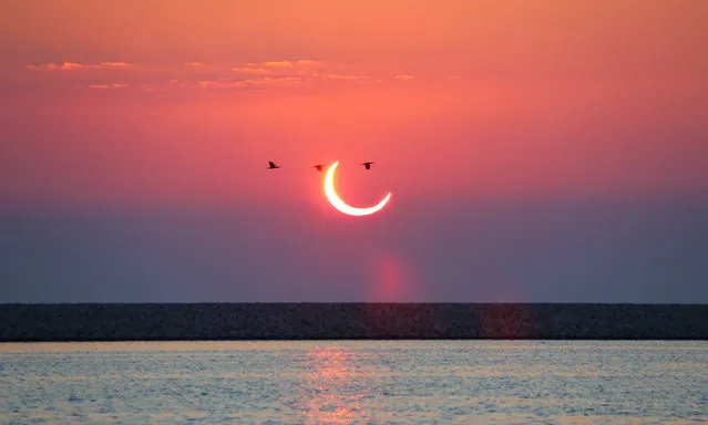 Last solar eclipse of the year is seen in Manama, Bahrain on December 26, 2019. (Photo by Ayman Yaqoob/Anadolu Agency via Getty Images)