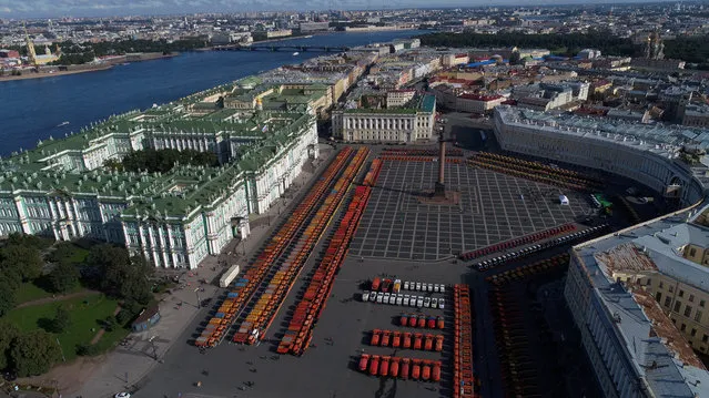 Snow ploughs and gritters on display in Palace Square ahead of the upcoming winter in St Petersburg, Russia on September 21, 2017. (Photo by Peter Kovalev/TASS/Getty images)