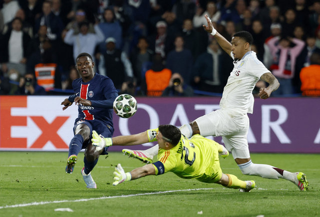 Nuno Mendes of Paris Saint Germain scores his team third goal on Emiliano MARTINEZ of Aston Villa during the UEFA Champions League 2024/2025, Quarter-final match between Paris Saint-Germain and Aston Villa on April 9, 2025 at Parc des Princes in Paris, France. (Photo by Stephanie Lecocq/Reuters)