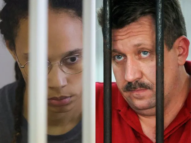 This combination of files pictures created on December 8, 2022 shows US' Women's National Basketball Association (WNBA) basketball player Brittney Griner waiting for the verdict inside a defendants' cage during a hearing in Khimki outside Moscow, on August 4, 2022 and Russian arms dealer Viktor Bout waiting at a detention center of criminal court in Bangkok, on March 8, 2008. Moscow confirmed on December 8, 2022 it had exchanged US basketball star Brittney Griner, who had been jailed in Russia, for notorious arms trafficker Victor Bout who was serving a 25-year sentence in the United States. (Photo by Evgenia Novozhenina and Saeed Khan/AFP Photo)