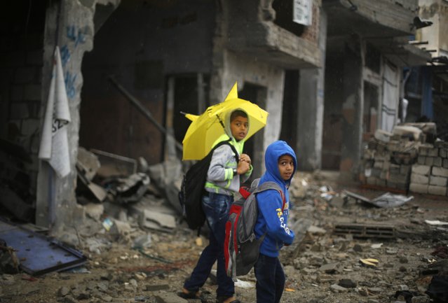 Palestinian children make their way to school in their neighbourhood which witnesses said was devastated by Israeli shelling during the most recent conflict between Israel and Hamas, on a rainy day in the east of Gaza City November 16, 2014. (Photo by Suhaib Salem/Reuters)
